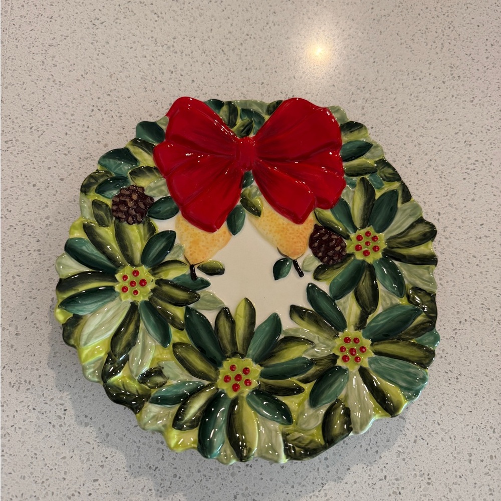 Certified International Winter Garden Collection Holiday Wreath Plate w/ Red Bow